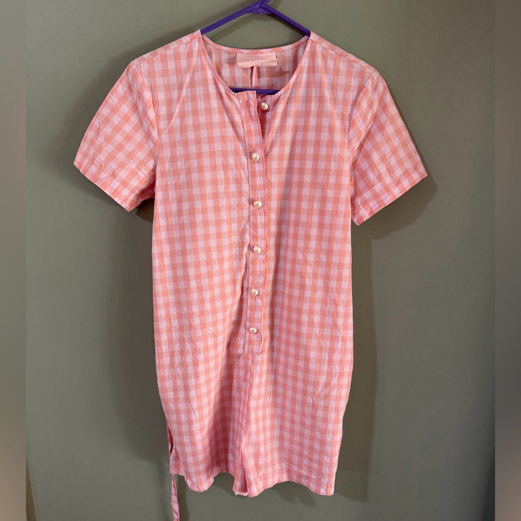 Ban.Do Gingham Plaid Jumper Romper Sz Small Pink Belted Feminine Button Pockets